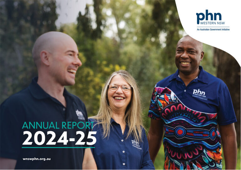 Photograph of three people standing outdoors wearing navy blue shirts with "phn" logos, representing a health organisation. Text overlay indicates this is the cover for an annual report for 2024-25, with a website address included for further information.